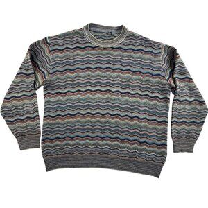 Vintage Sweater Mens Large Multicolor Chevron Zigzag Crewneck Wool Made in Italy